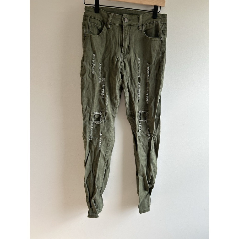 Kids  Jeans  Dark Olive Green Skinny Distressed High Waisted Stretch 14Y